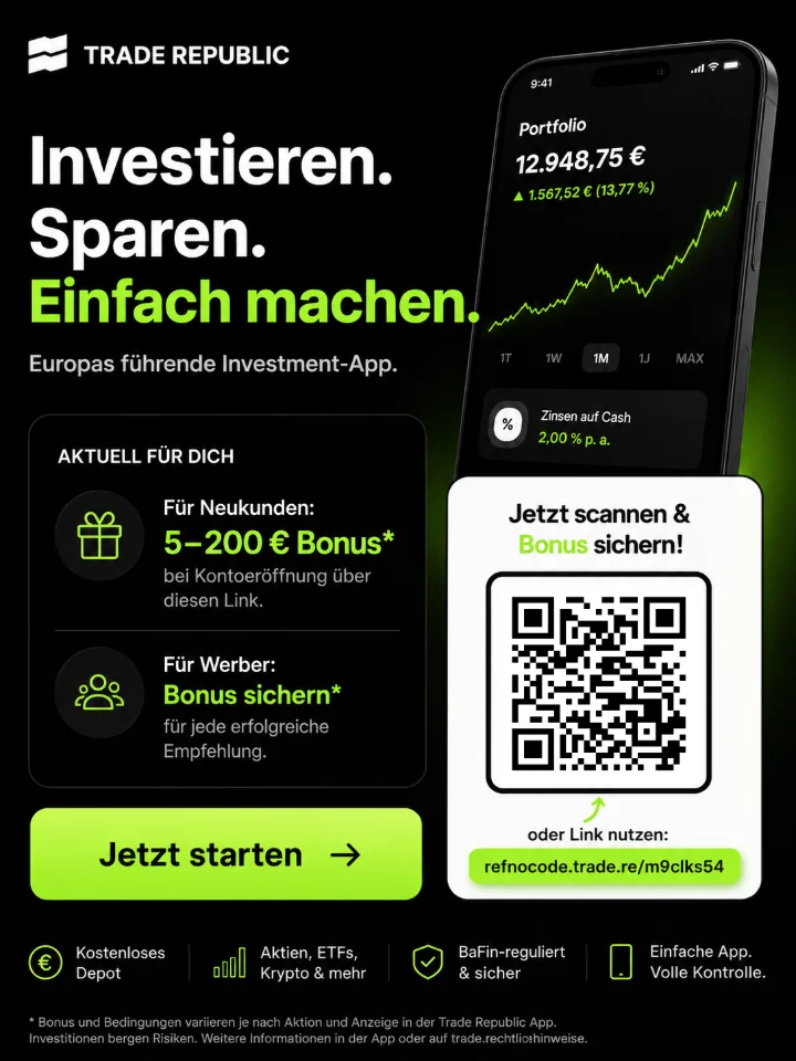 Trade Republic Konto eröffnen per QR-Code mit Neukundenbonus von 5 bis 200 Euro und Empfehlungsbonus über Referral-Link.
