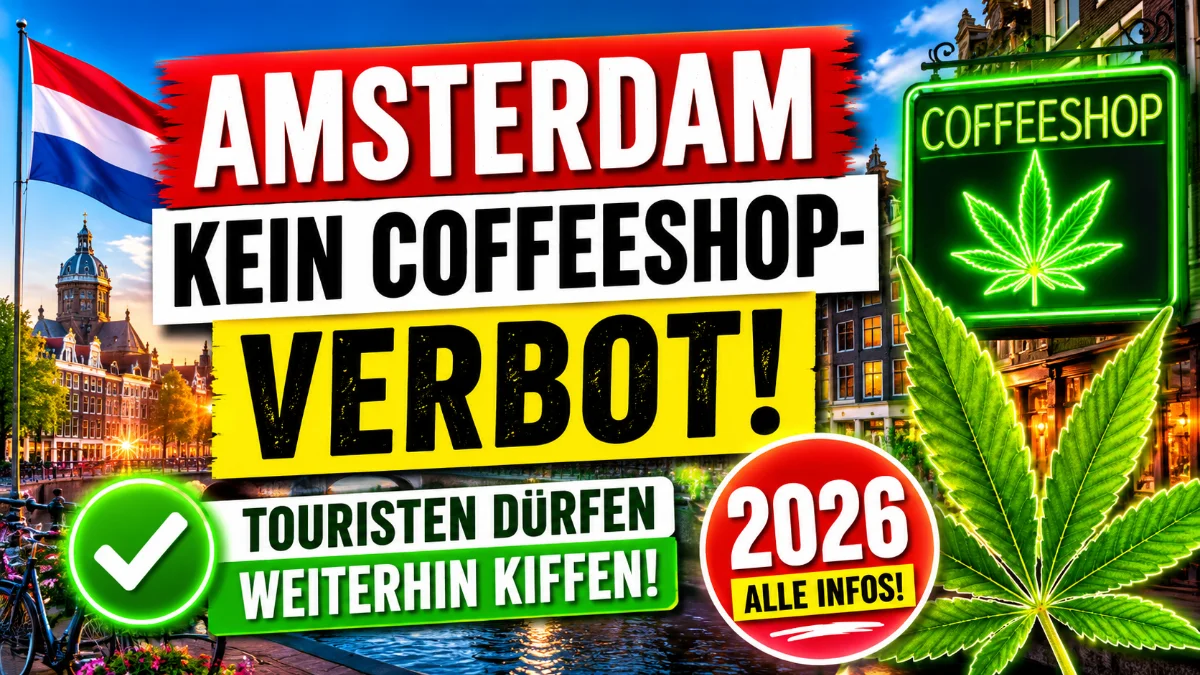 Amsterdam 2026: Kein Coffeeshop-Verbot für Touristen. Cannabis bleibt für Ausländer legal. Thumbnail mit Coffeeshop, Cannabisblatt und Amsterdamer Innenstadt.