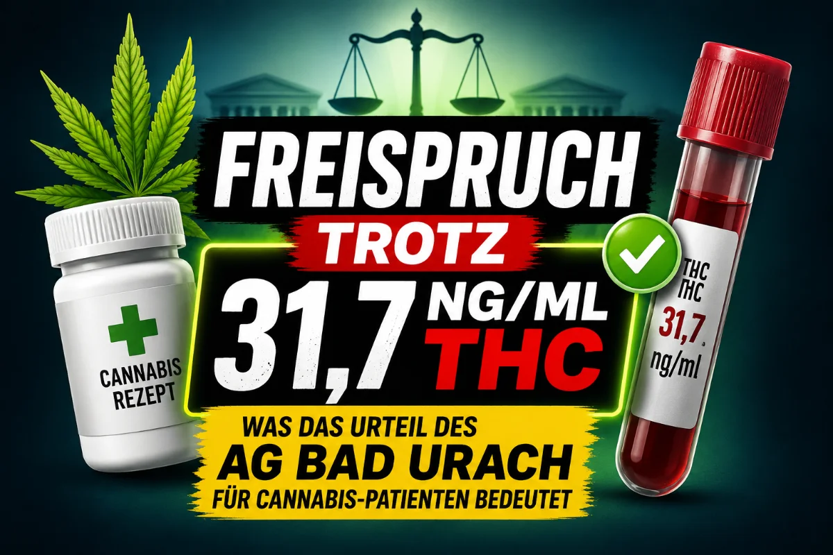 YouTube-Thumbnail zum Urteil des AG Bad Urach: Freispruch trotz 31,7 ng/ml THC mit medizinischem Cannabis-Rezept. Im Bild sind ein Cannabis-Rezept, ein Blutröhrchen mit der Aufschrift „31,7 ng/ml THC“, eine Justizwaage sowie der große Text „Freispruch trotz 31,7 ng/ml THC“ zu sehen.