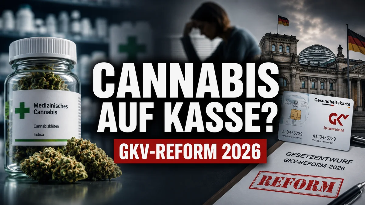 Professionelles Nachrichten-Thumbnail im Format 16:9 zur „GKV-Reform 2026“. Links ein Apothekenglas mit medizinischen Cannabisblüten in klinischer Umgebung, mittig die große Überschrift „CANNABIS AUF KASSE?“, darunter „GKV-REFORM 2026“. Rechts der Bundestag, eine Krankenkassenkarte, ein Gesetzesentwurf und ein roter „REFORM“-Stempel. Im Hintergrund eine besorgte Patientensilhouette. Dunkle, journalistische Nachrichtenoptik mit hoher Lesbarkeit und klarer visueller Hierarchie.