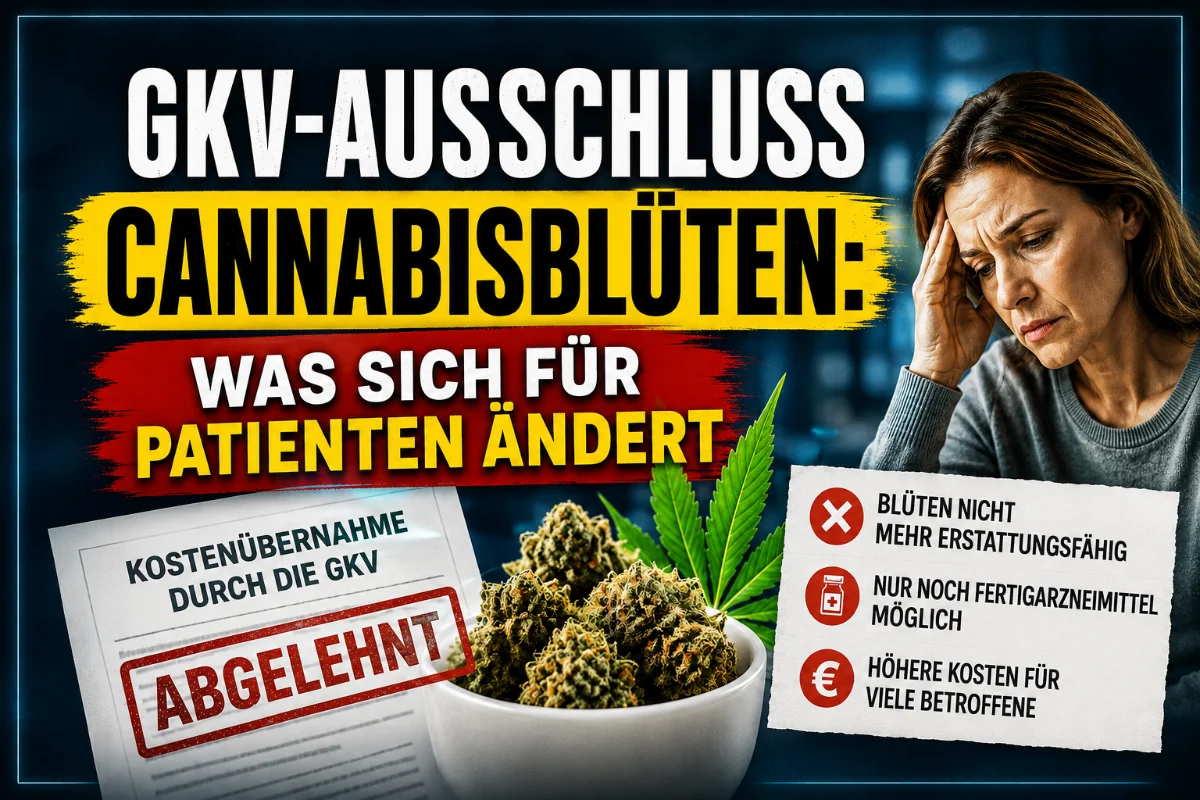 YouTube-Thumbnail zum Thema GKV-Ausschluss von medizinischen Cannabisblüten. Große Überschrift „GKV-Ausschluss Cannabisblüten: Was sich für Patienten ändert“. Zu sehen sind ein abgelehnter GKV-Kostenübernahmeantrag, eine Schale mit Cannabisblüten und eine besorgt wirkende Patientin. Rechts werden die wichtigsten Änderungen hervorgehoben: „Blüten nicht mehr erstattungsfähig“, „Nur noch Fertigarzneimittel möglich“ und „Höhere Kosten für viele Betroffene“. Dramatisches Design in Rot, Gelb und Schwarz mit medizinischem Hintergrund.