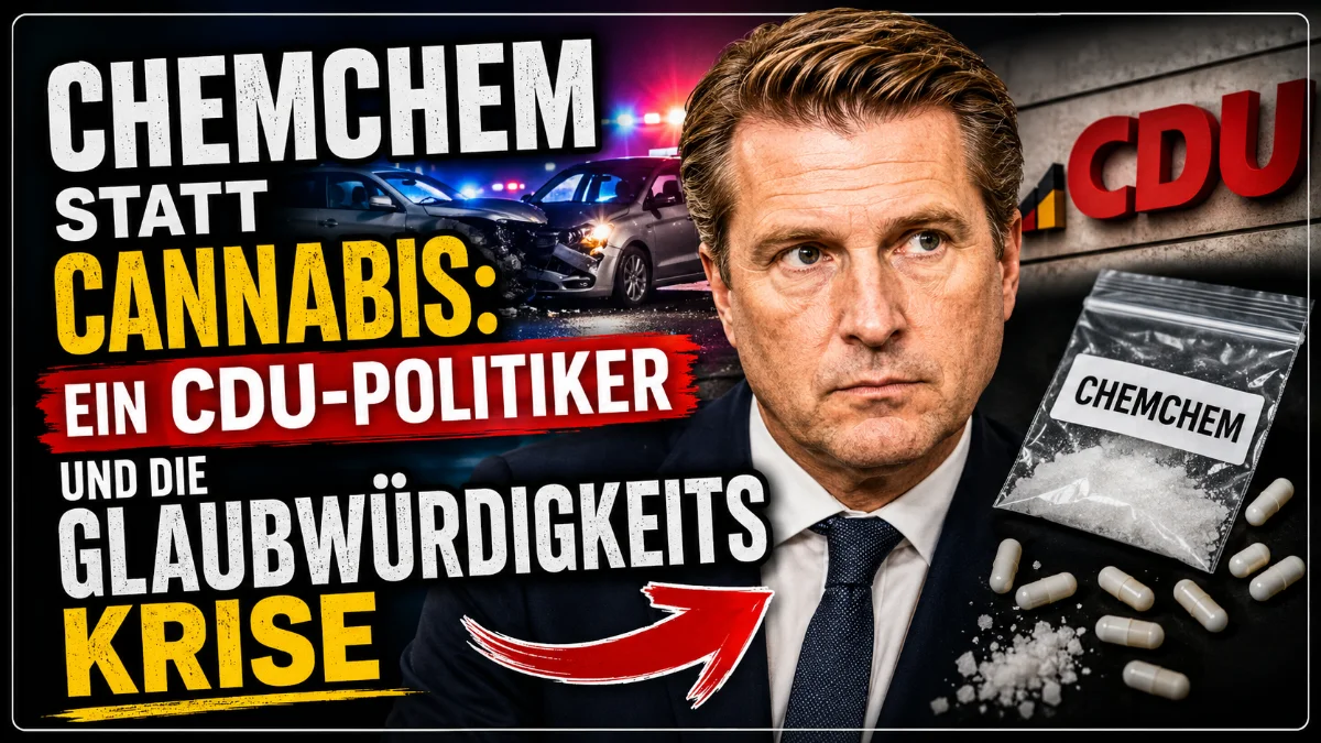 YouTube-Thumbnail mit einem CDU-Politiker vor einem Unfallhintergrund. Große Schlagzeile „ChemChem statt Cannabis“ sowie Hinweise auf synthetische Drogen und eine politische Debatte. Das Bild illustriert die Berichterstattung über ein laufendes Ermittlungsverfahren, für das die Unschuldsvermutung gilt.