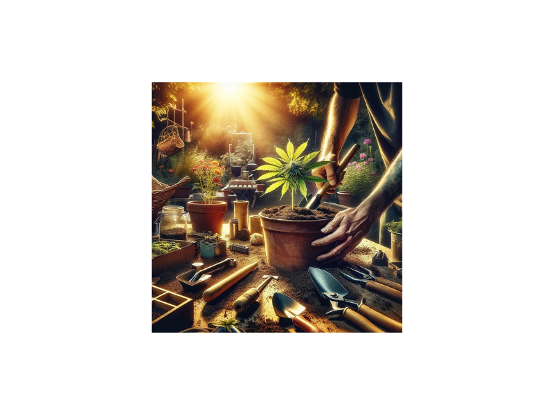 es ist das blogartikelbild von einem beitrag wo eine schritt für schritt anleitung zum cannabis umtopfen enthalten ist. es ist eine kleine pflanze in einem topf 2 hände zu sehen in gartenatmosphäre.