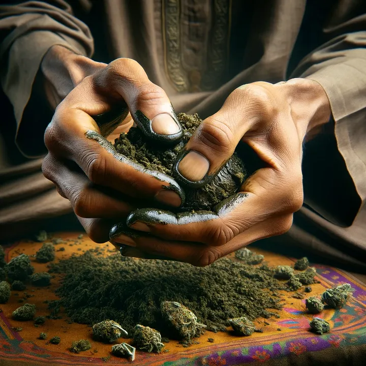 Hände halten klebrige Cannabis-Trichome beim Charas Fingerhash herstellen - traditionelle Hash-Herstellung Methode