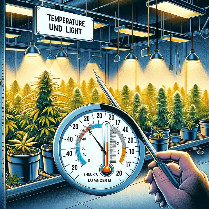 Professionelle Cannabis Indoor-Zucht mit korrektem Lampen-Abstand: Thermometer zeigt optimale 20°C Temperatur unter LED Grow Lights, Cannabis Pflanzen in verschiedenen Wachstumsstadien, PPFD-optimierte Beleuchtung für maximale Erträge