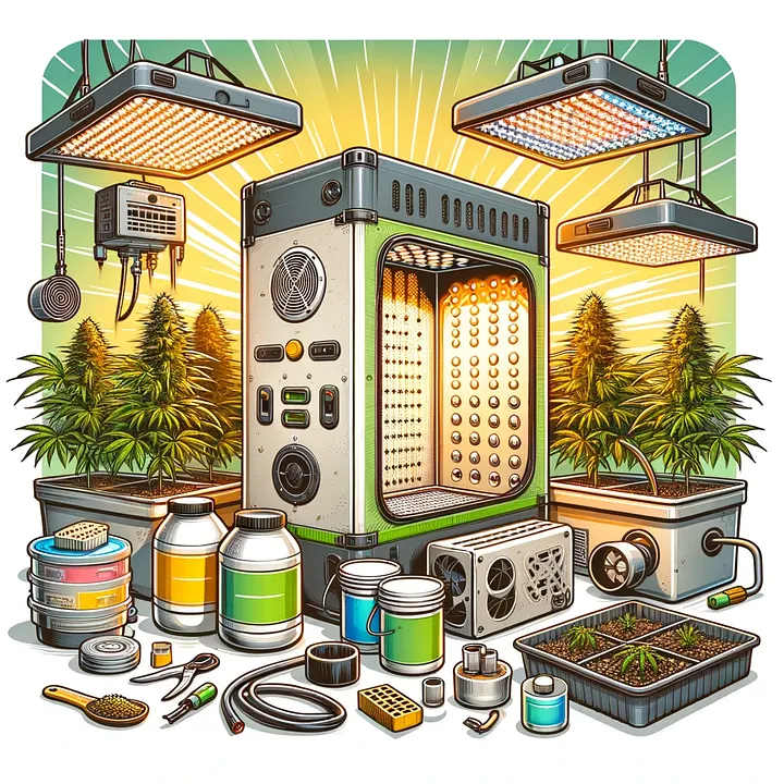 Growbox selber bauen - Komplettes Indoor Growing Setup mit LED Lampen, Grow Tent, Lüftung, Nährstoffen und Cannabis Anbau Equipment. Modernes Bild als Beitragsbild für ein Growbox bauen Anleitung Blogartikel