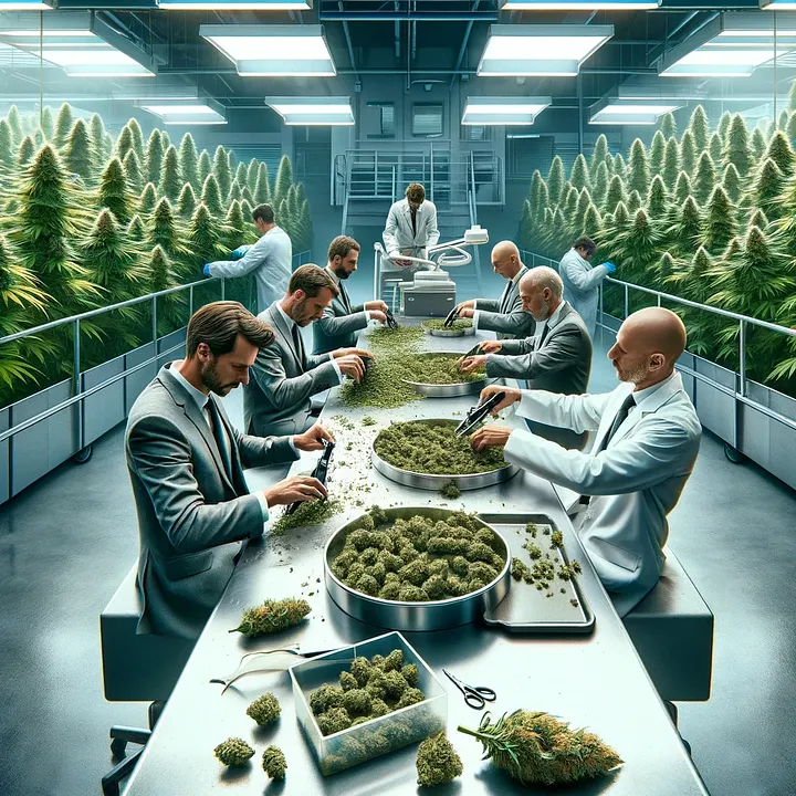 beitragsbild eines blogartikels über trimmen von cannabis. das bild enthält mehrere personenen die hopfenartige blüten beschneiden. mit pflanzen im hintergrund, blüten auf dem tisch in reiner umgebung, wie labor oder reinraum.