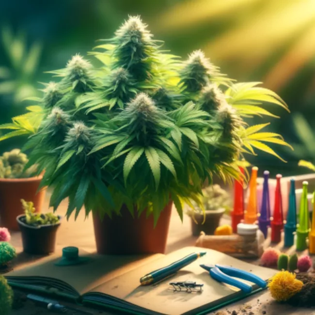 illustration einer kleinen kompakten blühenden cannabis autoflower pflanze