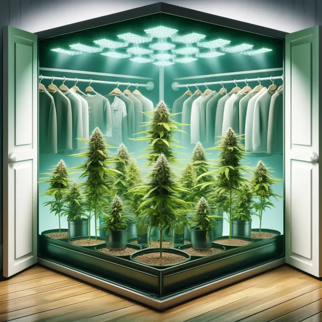 indoor grow mit autoflower samen. illustration von mehreren pflanzen in einer modernen growbox im kleiderschrank