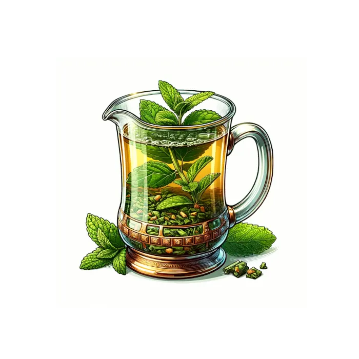 Illustation einer durchsichtige Teetasse mit Minzblättern im Teeglas und außerhalb als Dekoration.