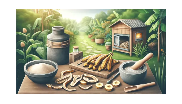 Illustration von einem Gartenhaus im Garten mit einem Tisch, auf dem ein Tablett mit Bananen, Schüsseln und Schalen mit Pulver, Bananenschalen und Bananenscheiben steht, die die Herstellung von Kaliumdünger aus Bananenschalen darstellen sollen.