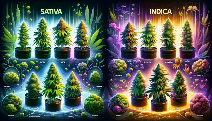 illustration von verschiedenen pflanzen in sativa und indika charakteristika wuchsform