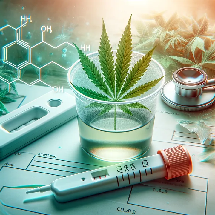Wie lange ist Cannabis im Urin nachweisbar? – Symbolbild mit Urinprobe, Marihuanablatt, Drogentest und medizinischen Elementen, stellvertretend für THC-Nachweis und Drogentests