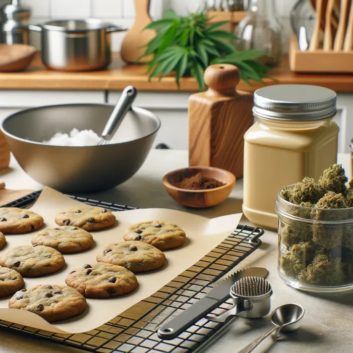 THC-Cookie mit Cannabutter auf Backpapier – goldbraun gebacken