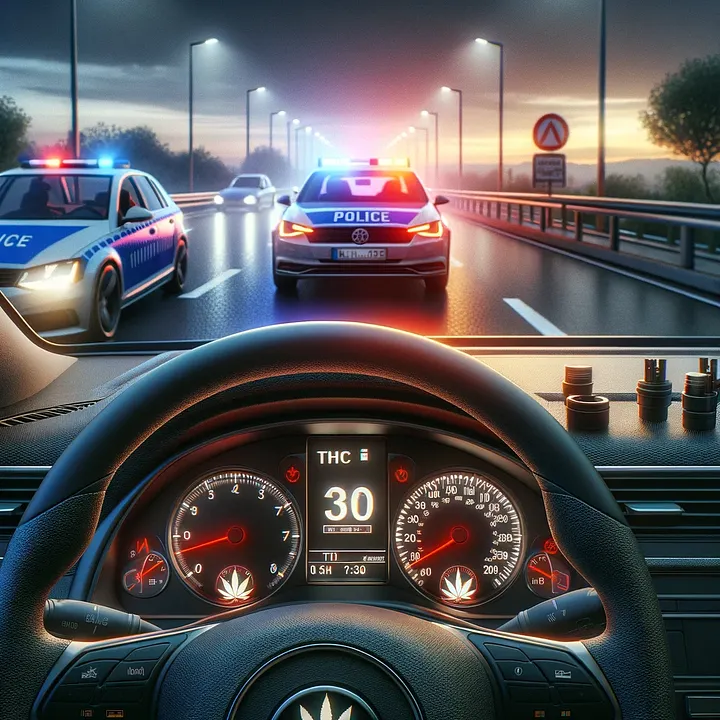 Blick durch die Windschutzscheibe auf eine deutsche Polizeikontrolle bei Dämmerung – thematisiert neue THC-Grenzwerte im Straßenverkehr 2025.