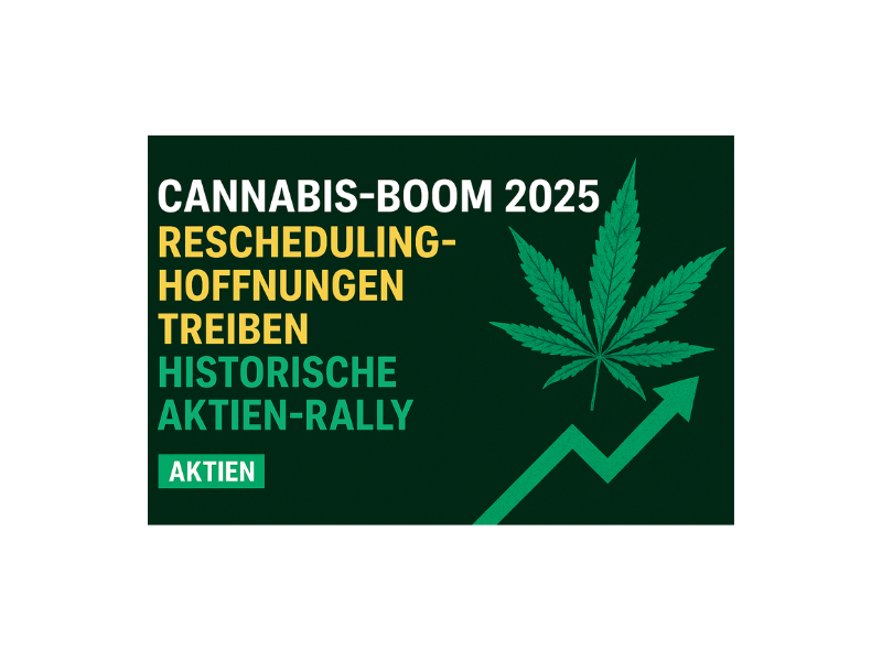 „Modernes digitales Banner für Blogartikel über Cannabis-Boom 2025 mit dynamischen Börsenkurs-Grafiken, politischem Trump-Motiv und grünen Hanfblättern, symbolisierend Rescheduling-Hoffnungen und Aktien-Rally