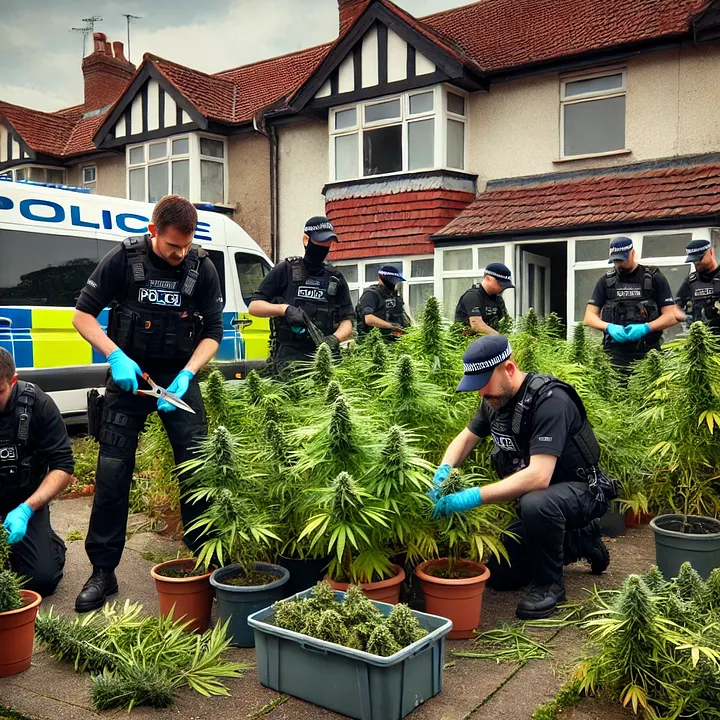 illustration wie polizisten cannabis pflanzen abschneidet