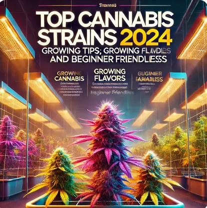 illustration von cannabis pflanzen im indoor growroom in verschiedenen farben was verschiedene aromen und sorten darstellen soll. das bild ist ein blogbeitragsbild für den artikel von 420deutschland auf potspot info dem cannabis blog für den artikel beliebteste cannabis strains aus 2024.