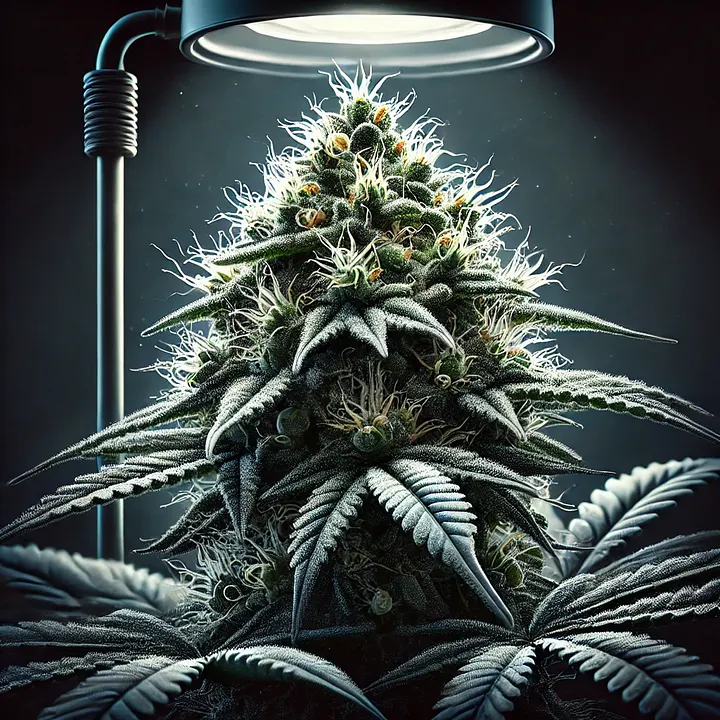 Nahaufnahme einer reifen Cannabis-Pflanze unter LED-Licht – dichte Buds mit Harz und Trichomen, idealer Erntezeitpunkt nach 48 Stunden Dunkelphase