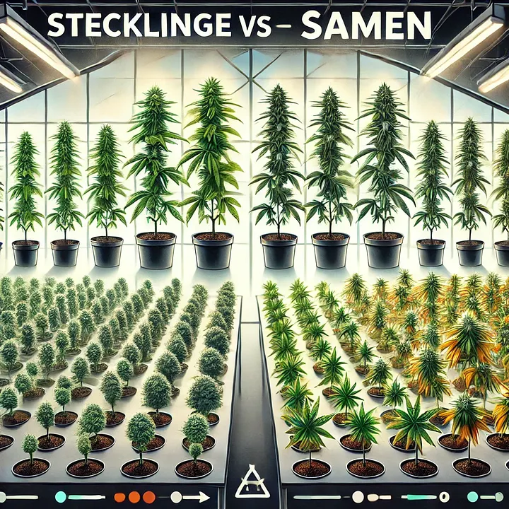 Vergleich Cannabis-Stecklinge vs. Samen im Indoor-Anbau – links kräftige, einheitliche Stecklinge mit hohem Ertrag, rechts unterschiedliche Pflanzen aus Samen mit geringerer Qualität