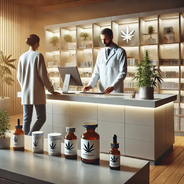 „Cannabis-Apotheke mit Apotheker und Patientin – Beratung zu medizinischem Cannabis, Ölen, Blüten und Kapseln“