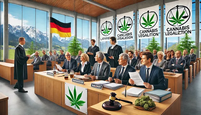 illustration einer gruppe cannabis aktivisten die gegen die repression protestieren. im hintergrund ist die frauenkirche zu sehen.
