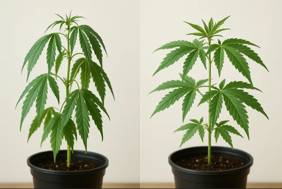 Vergleich von zwei Cannabis-Pflanzen: links mit hängenden Blättern durch natürlichen Tagesrhythmus, rechts mit aufgerichteten, gesunden Blättern – Erklärung des circadianen Rhythmus beim Cannabis-Anbau.