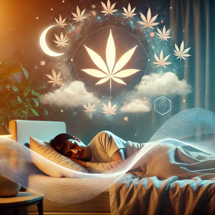 Mann schläft im Bett, umgeben von Cannabisblättern, Mond und Wolken – Symbol für die Wirkung von Cannabis auf Schlaf, Schlafstörungen und Tiefschlafphase.