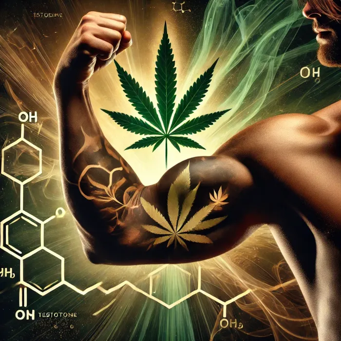 Illustration eines angespannten Bizeps und einem Hanfblatt für den Blogartikel von Pot Spot ob sich Cannabis auf den Testosteron Spiegel auswirkt.