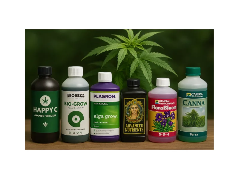 Duenger für Cannabispflanzen Vergleich: verschiedene Marken wie Happy C, BioBizz, Plagron, Advanced Nutrients, General Hydroponics und Canna vor einer Cannabispflanze