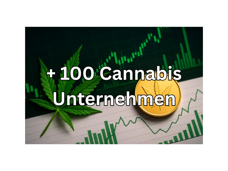 Symbolbild Cannabis-Aktien: Goldmünze mit Hanfblatt und steigende Börsencharts – weltweite Übersicht börsennotierter Cannabis-Unternehmen 2025