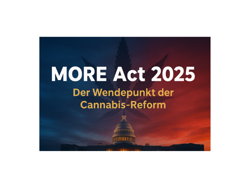 Beitragsbild zum MORE Act 2025: US-Kapitol mit großem Cannabis-Blatt im Hintergrund und Titel ‚Der Wendepunkt der Cannabis-Reform‘ – Symbol für historische Legalisierung in den USA