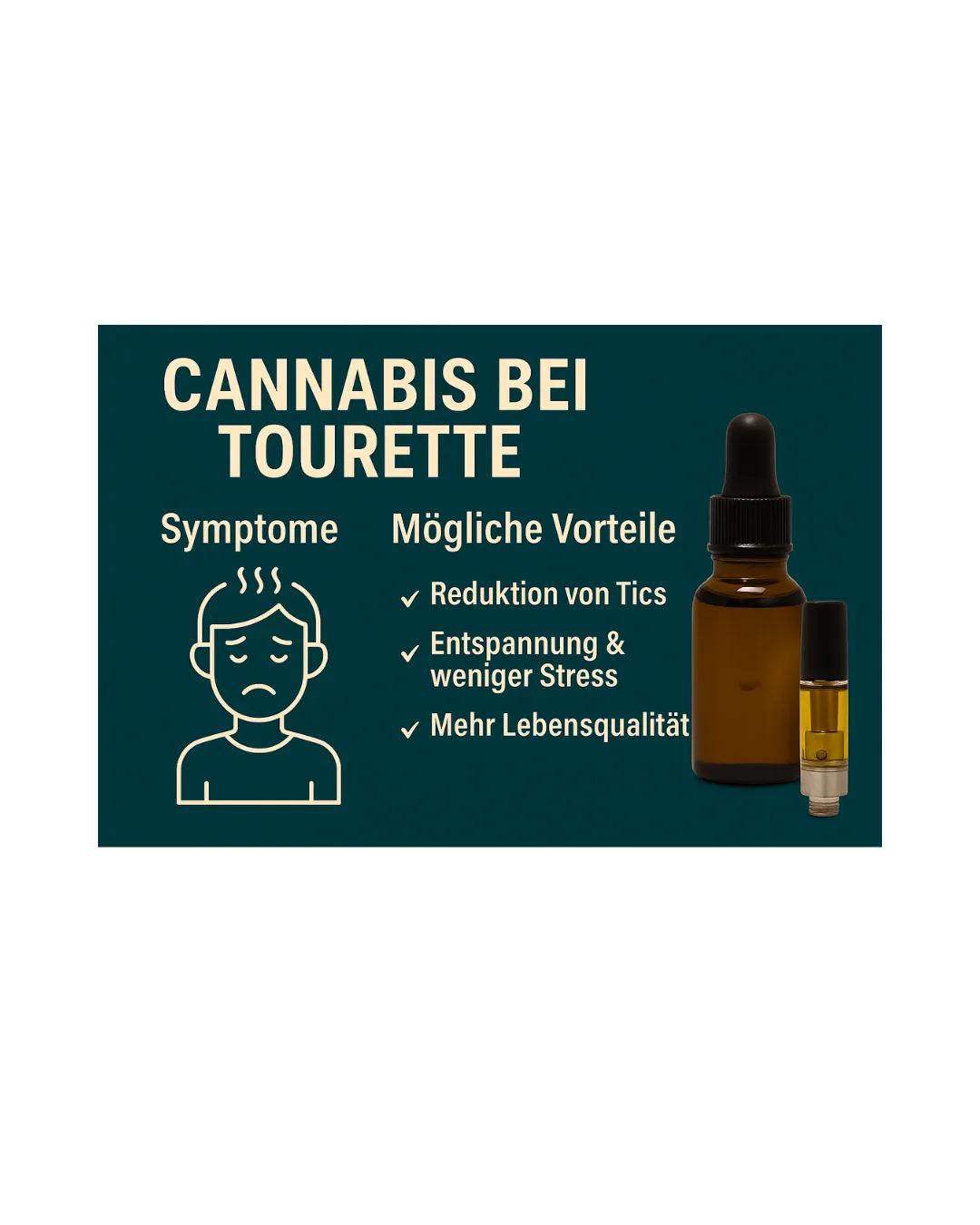 „Infografik zeigt, wie Cannabis bei Tourette-Syndrom helfen kann: Reduktion von Tics, weniger Stress und verbesserte Schlafqualität durch CBD und CBG.“