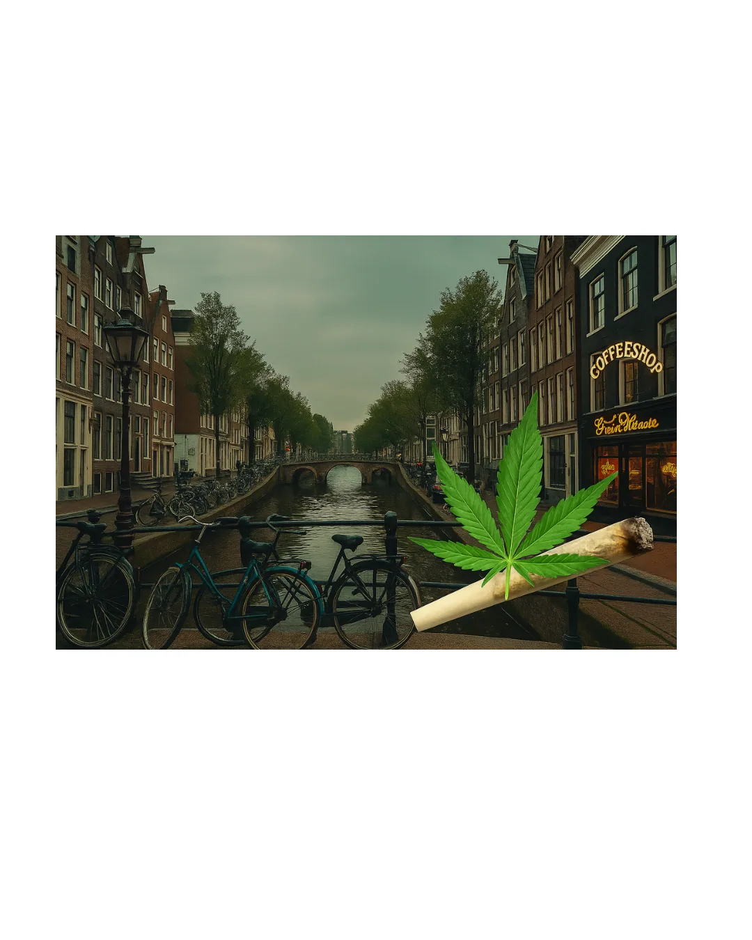 „Fotografische Darstellung eines Amsterdamer Kanals mit Brücke und traditionellen Häusern, Symbol für die Rolle der Stadt als Vorreiter in der europäischen Cannabis-Kultur.“