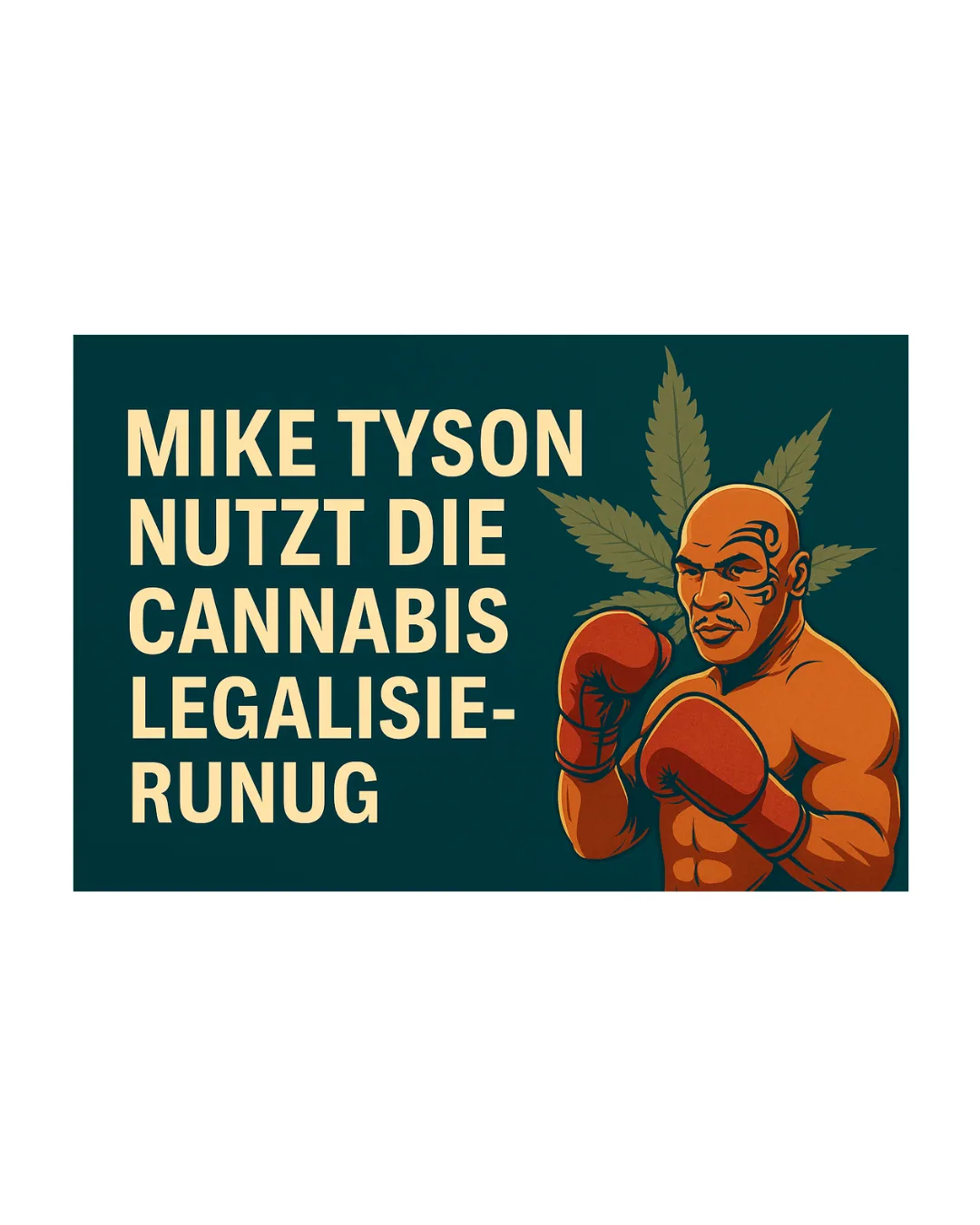 „Digitales Creative mit stilisierter Darstellung von Mike Tyson als Boxer mit Boxhandschuhen, kombiniert mit Cannabis-Elementen in Schwarz, Grün und Gold. Symbolisiert seinen Weg vom Boxchampion zum Cannabis-Unternehmer.“