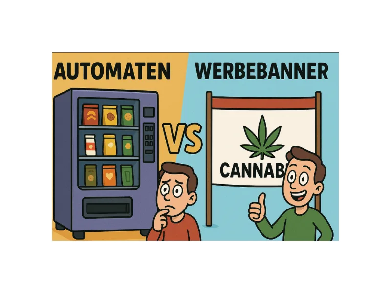 Vergleich Snackautomat vs. Cannabis-Werbebanner: Cartoon-Illustration zeigt frustrierten Betreiber mit Snackautomat und glücklichen Unternehmer vor Cannabis-Banner – Business-Alternativen im Überblick.