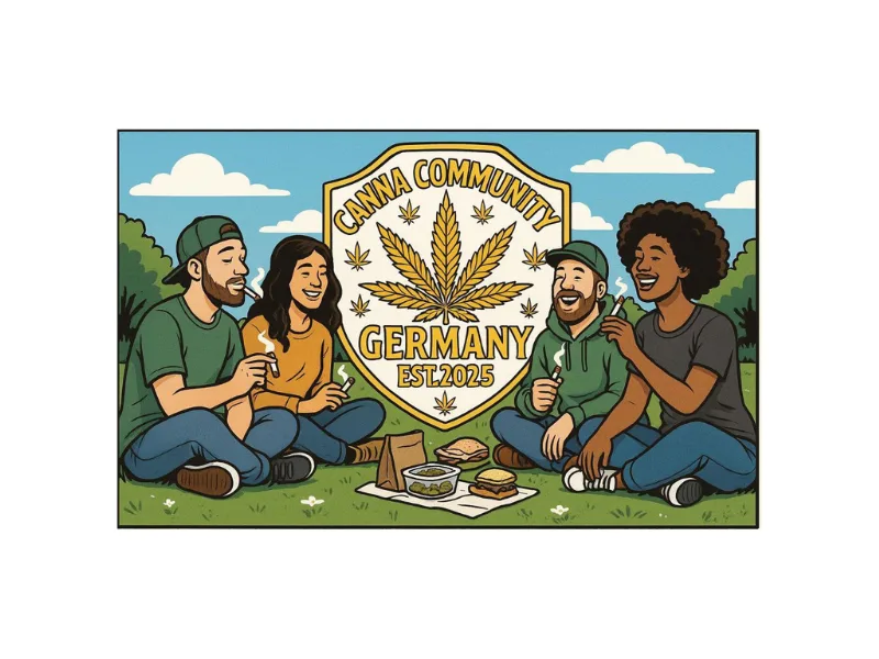 Illustration einer großen goldenen Plakette in Schildform mit einem großen Cannabisblatt in der Mitte und kleineren Blättern drumherum. Darauf steht „Canna Community Germany – Est. 2025“. Um das Schild herum sind gezeichnete Menschen unterschiedlicher Geschlechter und Frisuren in freundlicher Pose abgebildet, die eine Gemeinschaft darstellen.