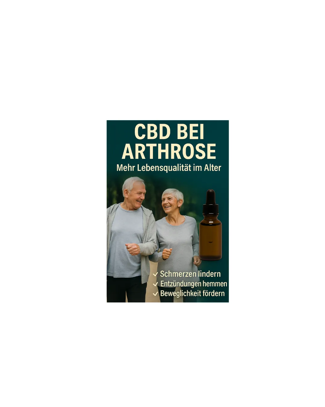 „Digitale Grafik zeigt ein älteres Paar, das entspannt durch einen Park spaziert, begleitet von einem stilisierten CBD-Blatt und Symbolen für Gelenke und Entlastung. Text-Overlay: ‚CBD & Arthrose – Mehr Lebensqualität im Alter‘.“