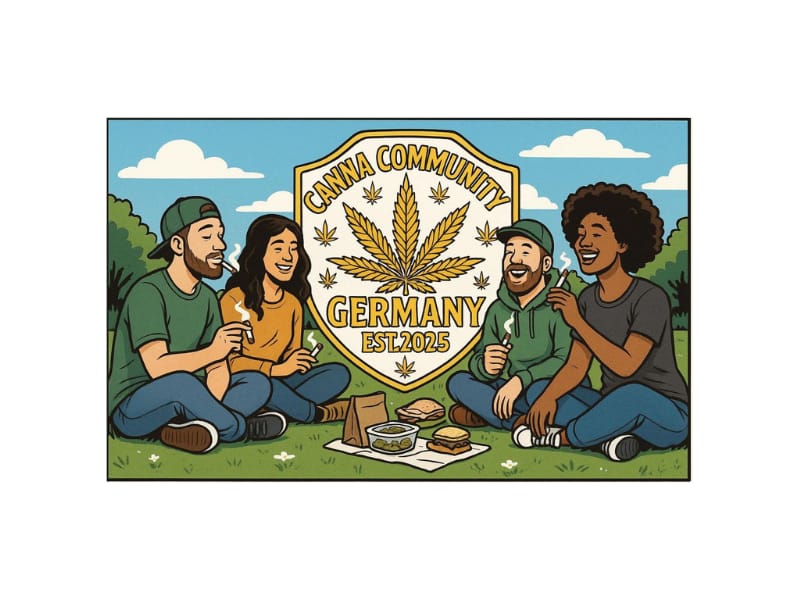Illustration einer großen goldenen Plakette in Schildform mit einem großen Cannabisblatt in der Mitte und kleineren Blättern drumherum. Darauf steht „Canna Community Germany – Est. 2025“. Um das Schild herum sind gezeichnete Menschen unterschiedlicher Geschlechter und Frisuren in freundlicher Pose abgebildet, die eine Gemeinschaft darstellen.