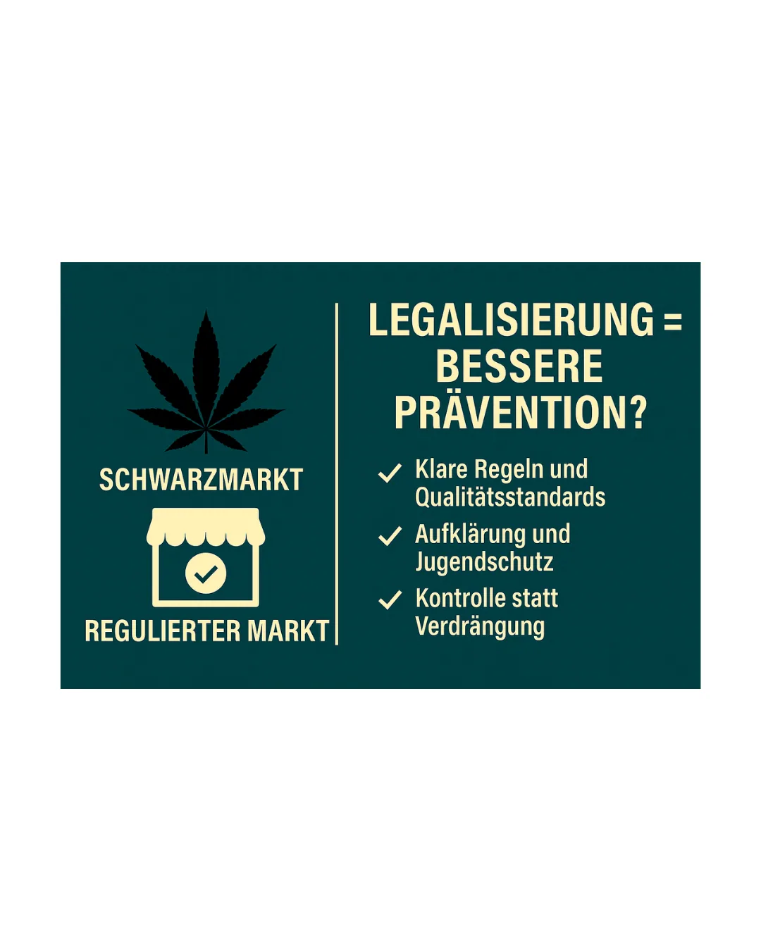 „Eine moderne Infografik vergleicht den Schwarzmarkt mit einem regulierten Cannabismarkt. Links ein graues Symbol für illegale Strukturen, rechts grüne Symbole für Sicherheit, Prävention und Kontrolle. Im Mittelpunkt steht die Botschaft: Legalisierung als Chance für bessere Suchtprävention.“