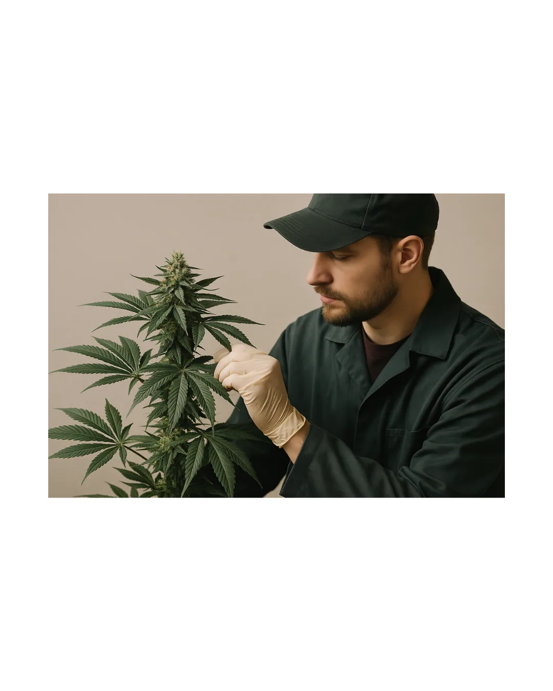 „Eine Aufnahme zeigt eine Cannabis-Pflanze in sattem Grün, daneben steht ein Grower in Arbeitskleidung, der die Pflanze sorgfältig kontrolliert. Das Bild symbolisiert den neuen Berufsweg des professionellen Growers in Deutschland und hebt die Bedeutung von Know-how, Präzision und Nachhaltigkeit im Cannabisanbau hervor.“