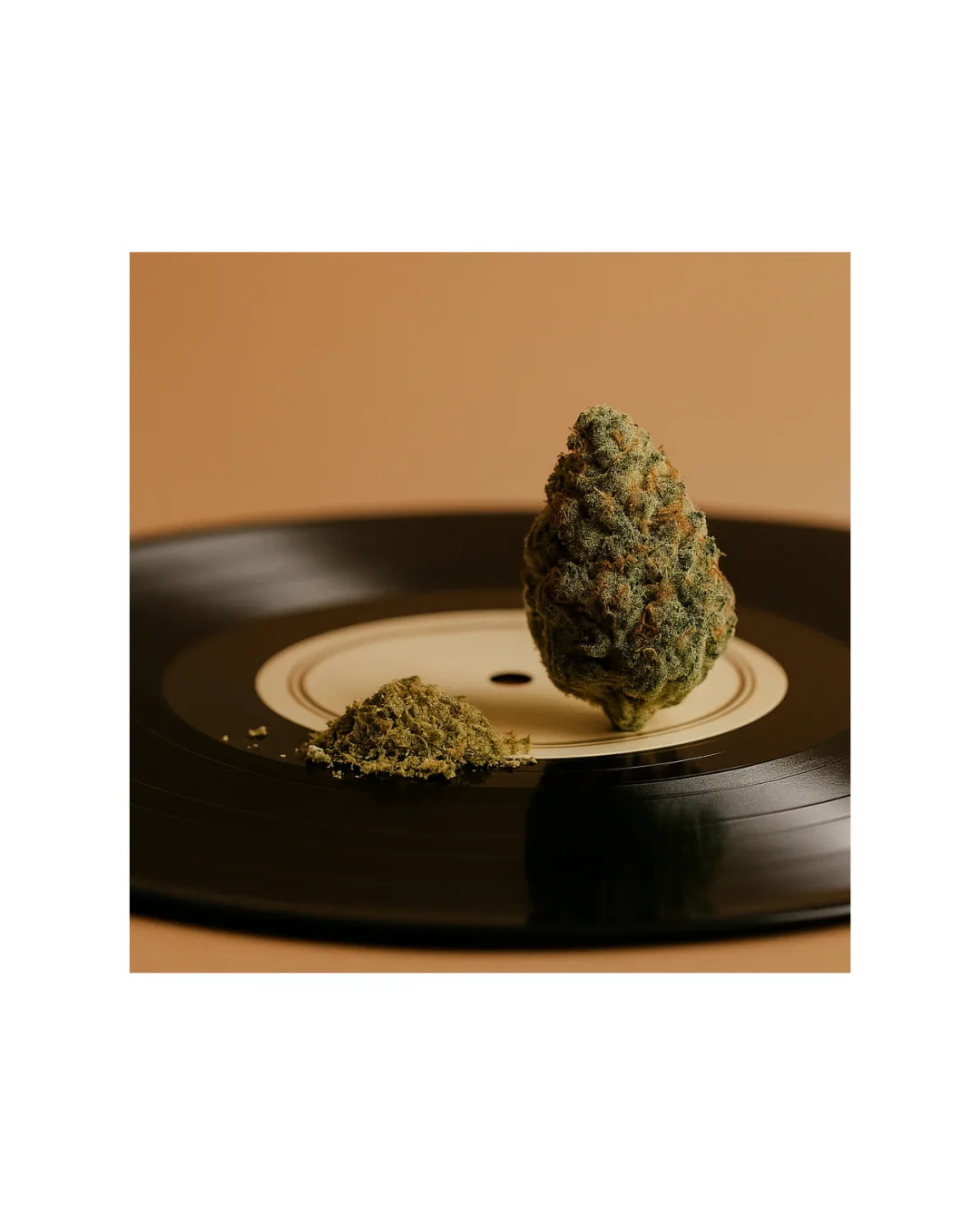 Fotorealistisches Bild einer weißen Cannabisblüte „White Widow“ mit Harzkristallen, symbolisch für ihre Popularität in den 90er-Jahren. Das Creative betont die ikonische Wirkung und die kulturelle Bedeutung dieser Sorte. 🌿✨