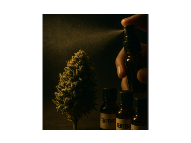 Cannabisblüte wird mit Terpen-Spray besprüht – Nahaufnahme, gesprühte Terpene sichtbar