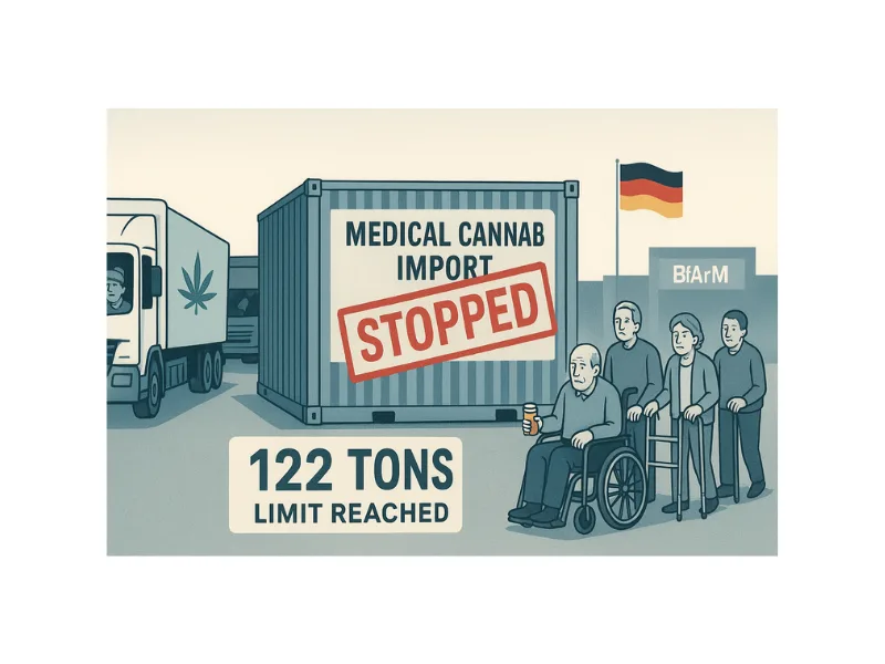 Editorial-Illustration: Deutscher Zoll stoppt medizinischen Cannabis-Import – Container mit rotem ‚STOPPED‘-Stempel, wartende Patienten und 122-Tonnen-Limit erreicht