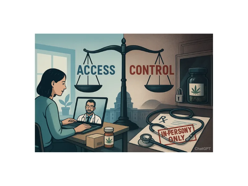 Editorial Artwork: Patient erhält Cannabis-Rezept online, während traditionelle Praxis Cannabis hinter Glas verschließt – Debatte um Zugang und Regulierung.