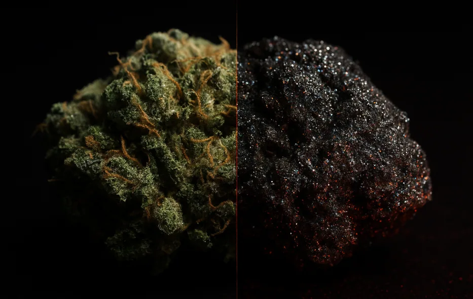 Vergleich von natürlichem Cannabis und gestreckten Blüten: links grüne, unverfälschte Knospe, rechts manipulierte, mit Glitzer und Substanzen verunreinigte Blüte. Ratgeber zu Verbraucherschutz bei Cannabis – Manipulation erkennen, Gesundheitsrisiken vermeiden, Tipps für sicheres Weed.