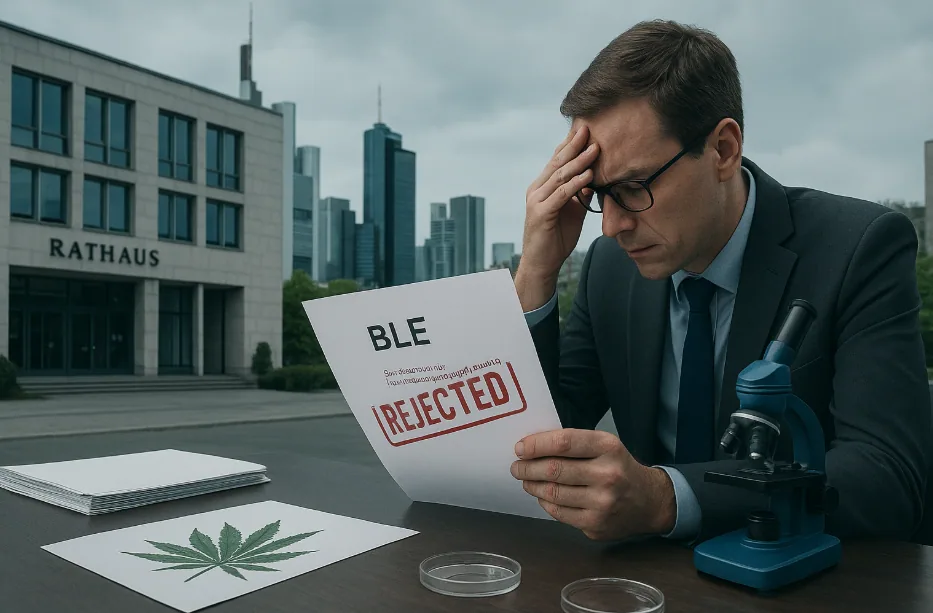 Abgelehntes Cannabis-Modellprojekt Frankfurt 2025 - BLE Ablehnungsbescheid vor Skyline