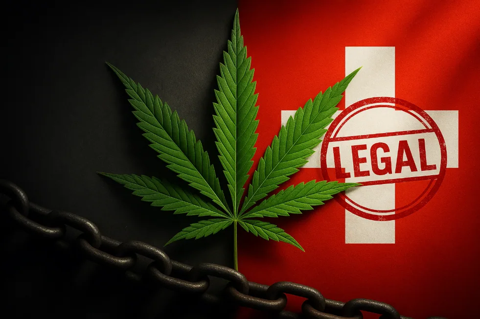 Geteiltes Bild eines Cannabisblatts: Die linke Seite liegt im Dunkeln, mit Schatten und Ketten als Symbol für Verbot und Restriktion; die rechte Seite ist hell, mit den Farben der Schweizer Flagge und einem roten „LEGAL“-Stempel – Sinnbild für die Legalisierung von Cannabis in der Schweiz.