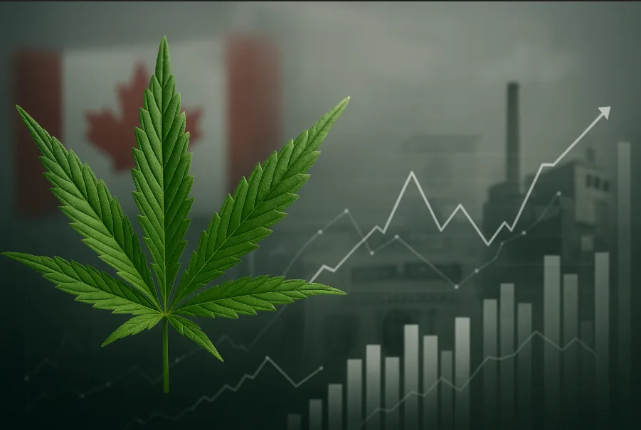 Symbolbild zur Canopy Growth Aktie – Cannabisblätter, Aktiencharts und kanadische Wirtschaft als visuelle Metapher für Marktanalyse 2025–2026