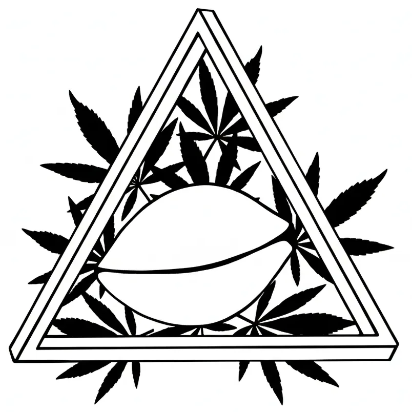 Das Logo von Wunderbohnen.de, Schwarz auf Weiß ein hanfsamen in einem Unmöglichem Dreieck mit Hanfblättern hinterlegt